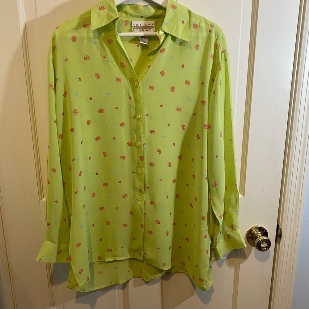 Adriana Bermani Sheer Green Flowered Blouse SIZE SMALL